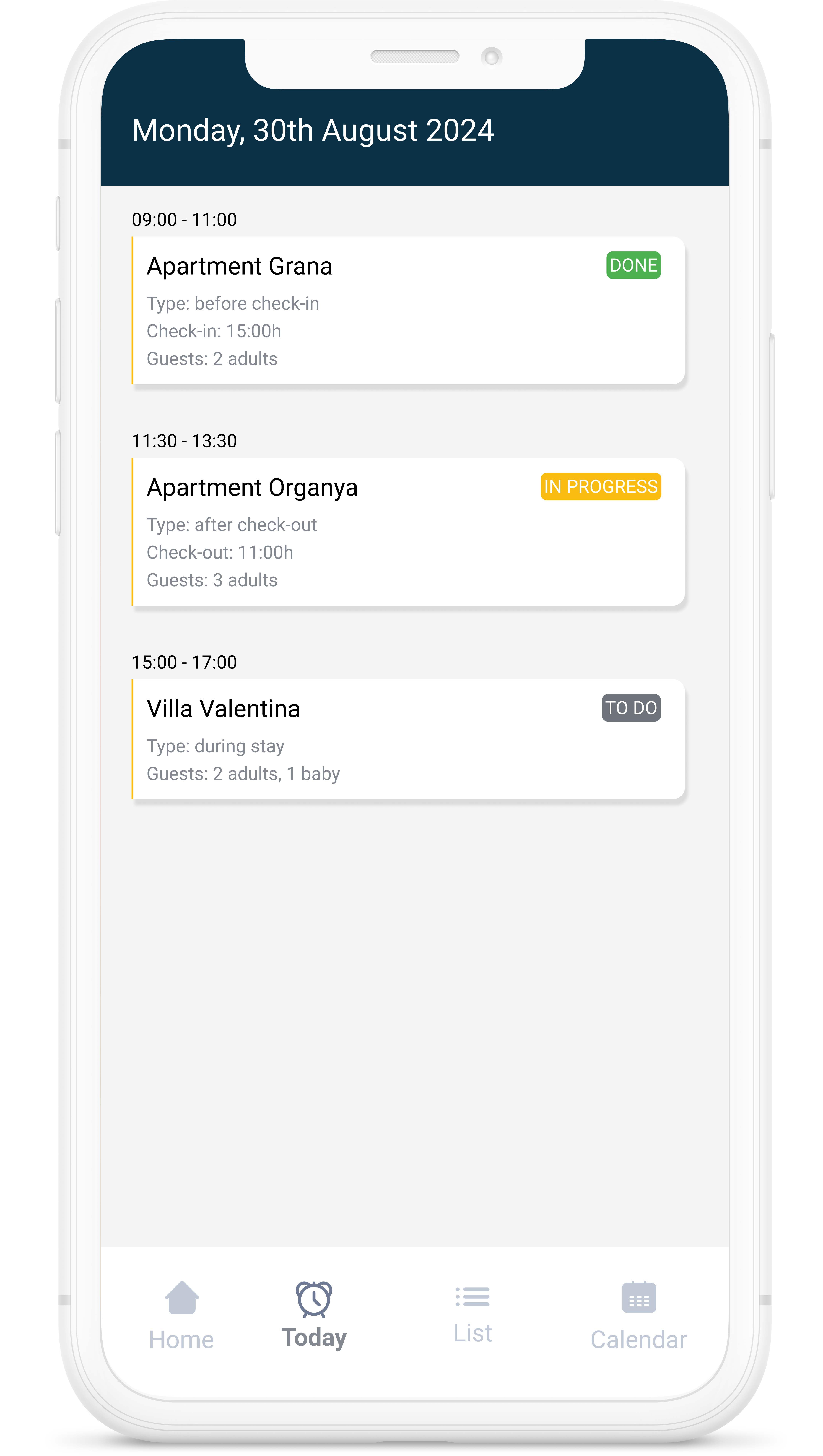 Dispositivo mobile che mostra il piano settimanale di tutte le pulizie assegnate nell'app Icnea.